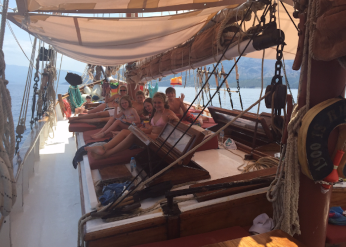 On deck in the shade of the awnings